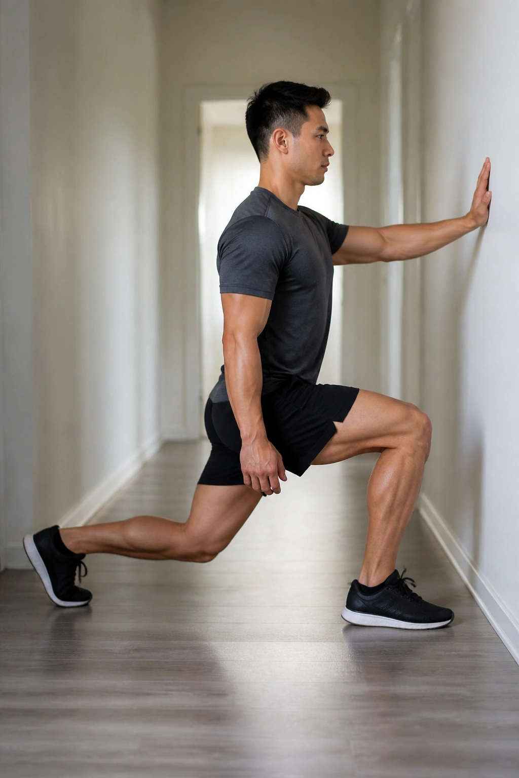 Person performing split squat with calf raise for balance in a hallway.