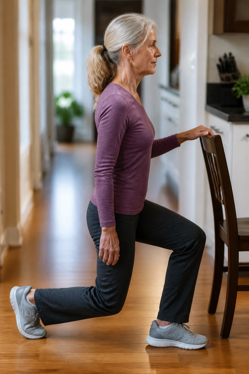 Senior performing a supported split squat with chair for balance.