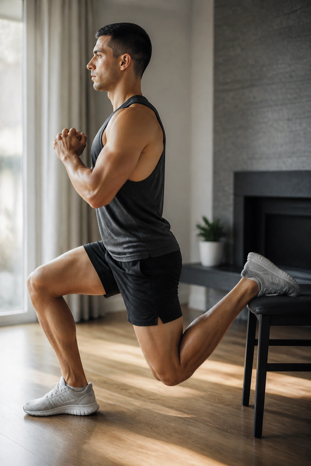 Side profile of person in deep split squat with rear foot elevated