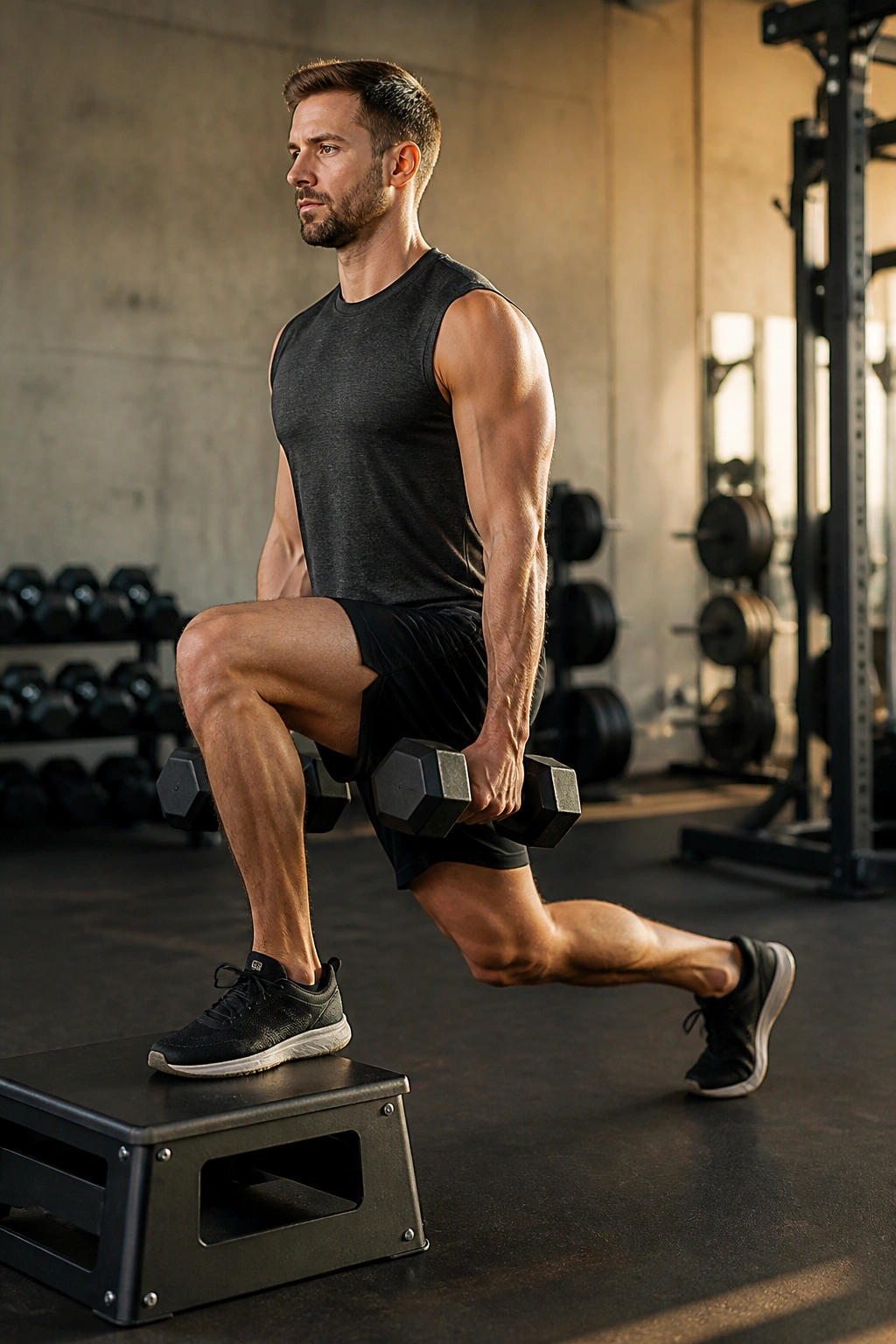 Split squat with front foot elevated on platform in gym