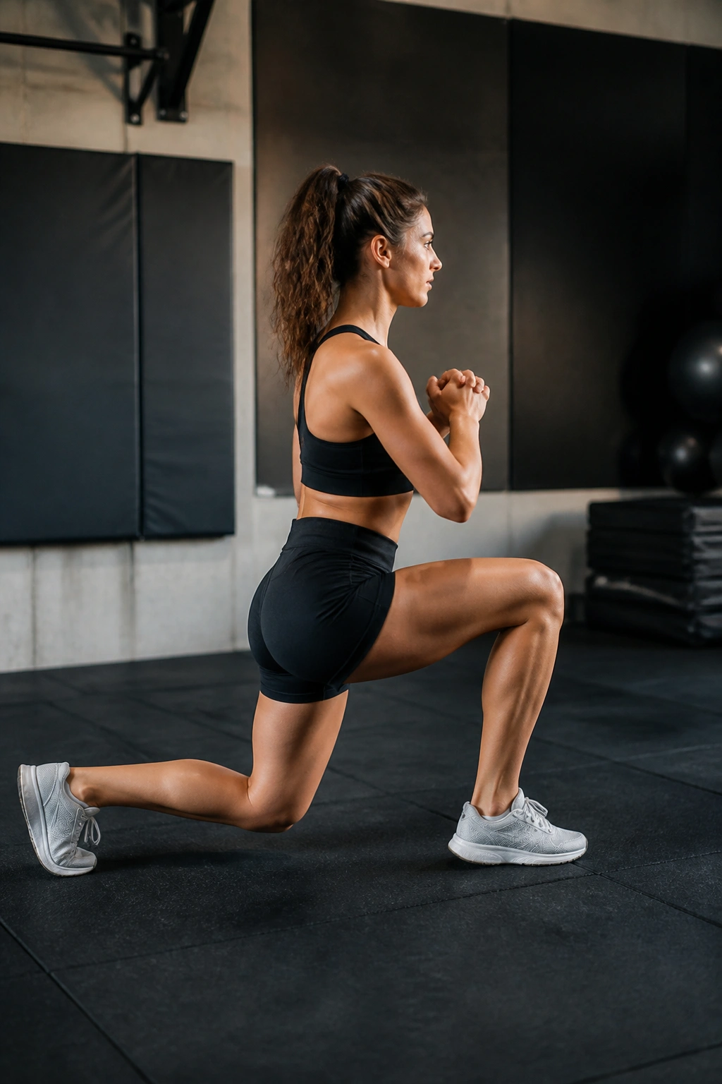 Real person performing split squats in gym with side view