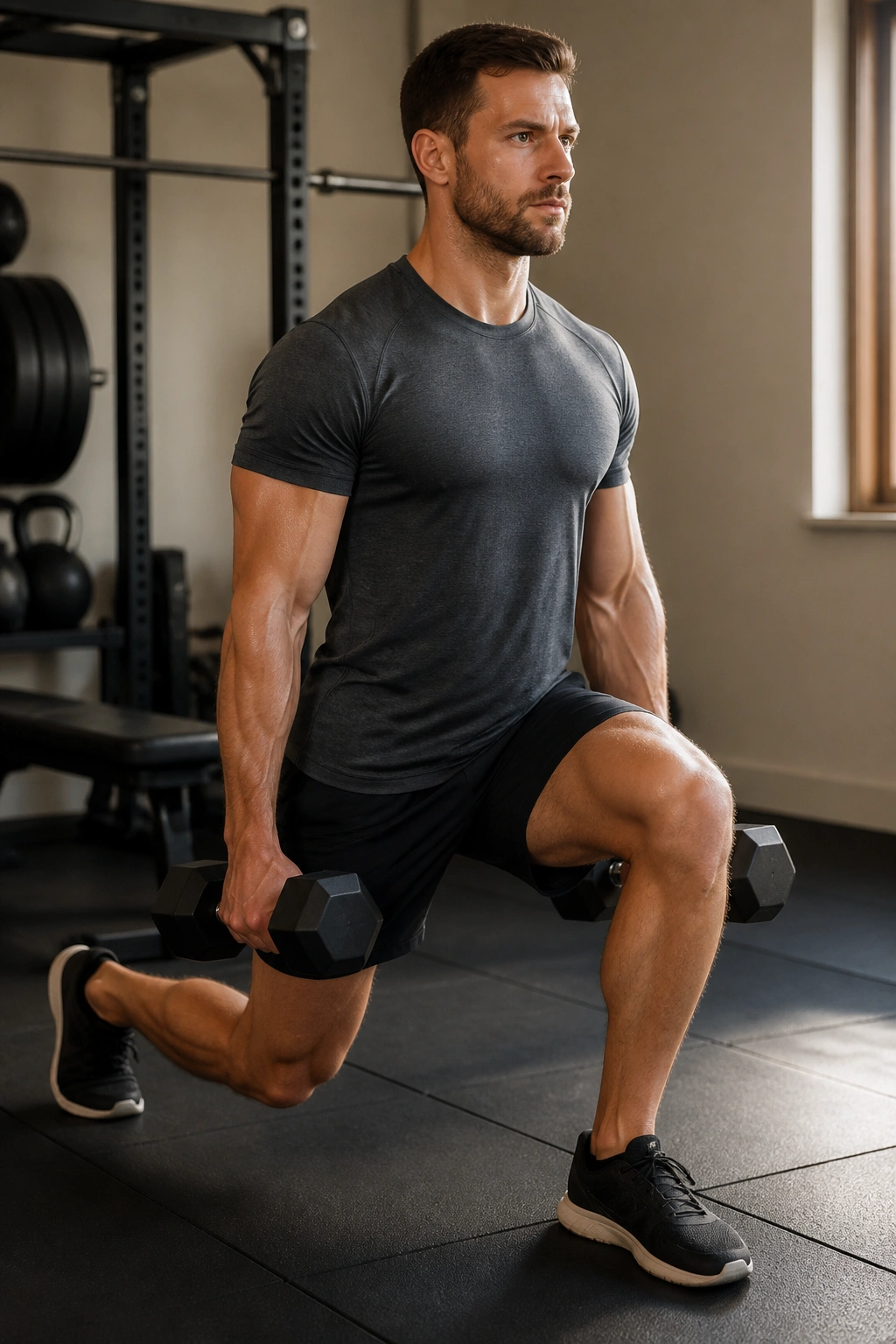 Split Squat performed in a home gym with a staggered stance and dumbbells at the sides