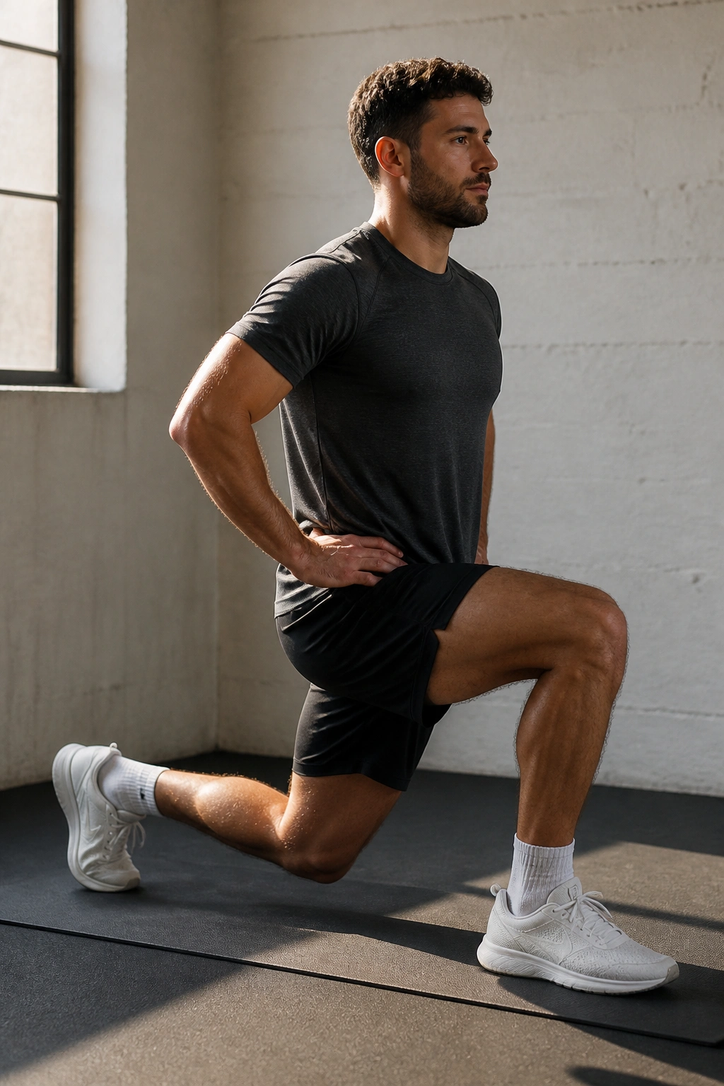 Close-up of a person in split squat hold showing hip flexor engagement