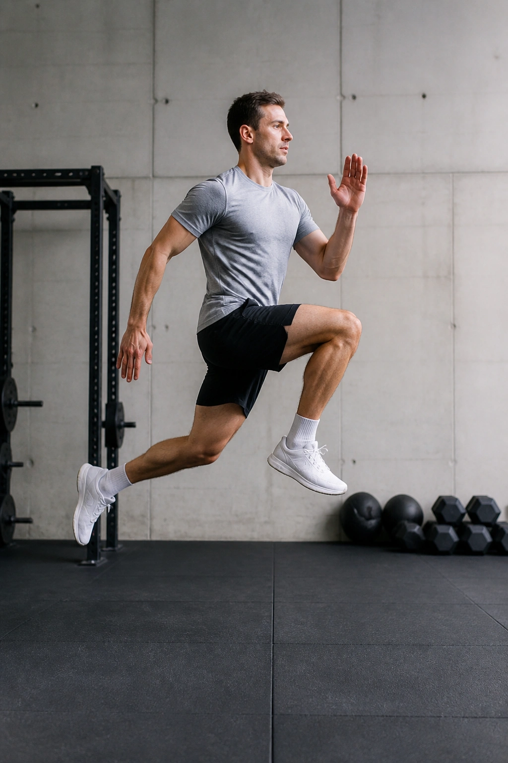 Person in split squat jump ladder performing precise jumps in gym