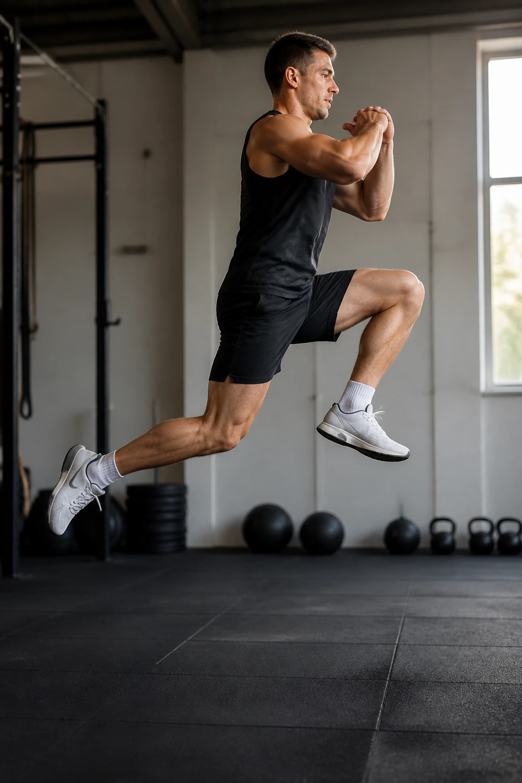 Athlete performing split squat jump in gym with split stance in mid-air