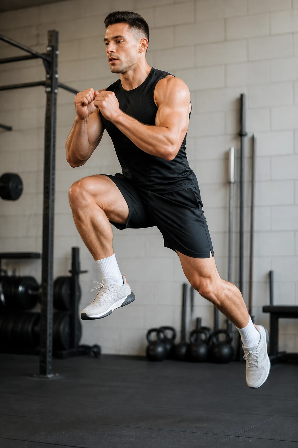 Athlete performing a split squat jump in a gym