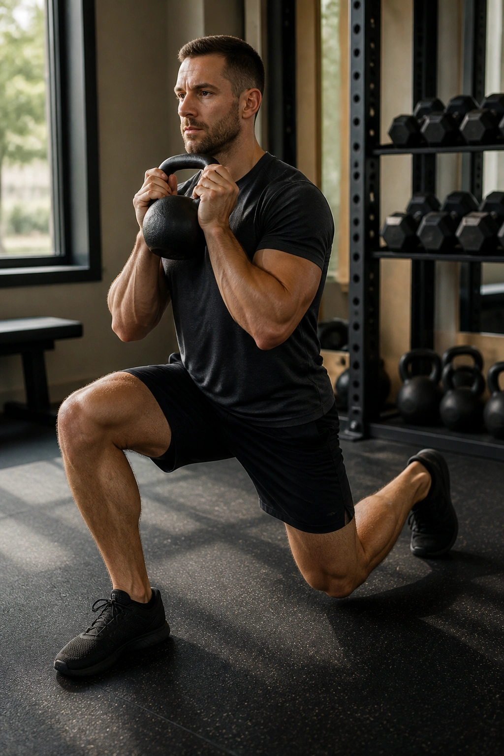 Close-up of a real person performing a kettlebell split squat with goblet style