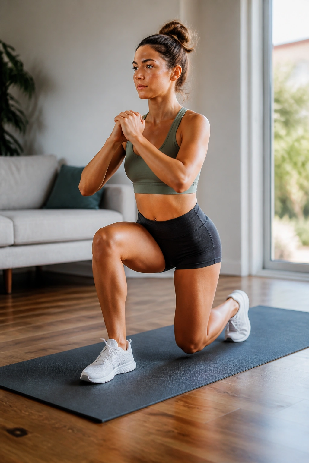 Split squat pulse in home workout space with front knee over ankle