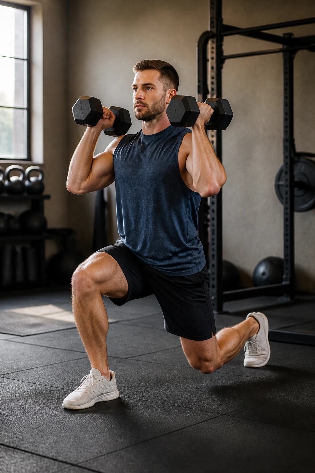 Lifter in split squat holding dumbbells at shoulders