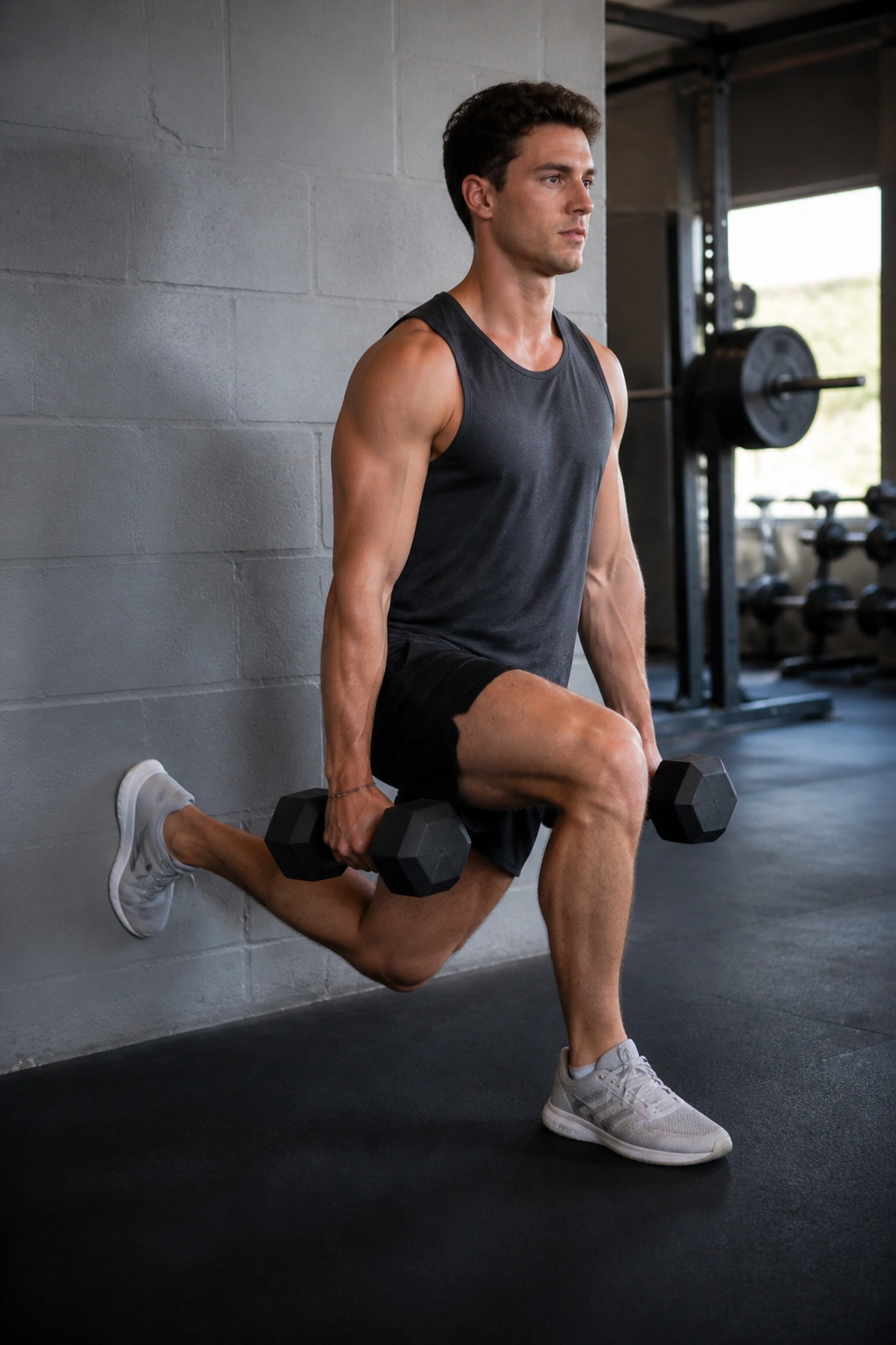 Real person performing split squat in a staggered stance focusing on front leg loading