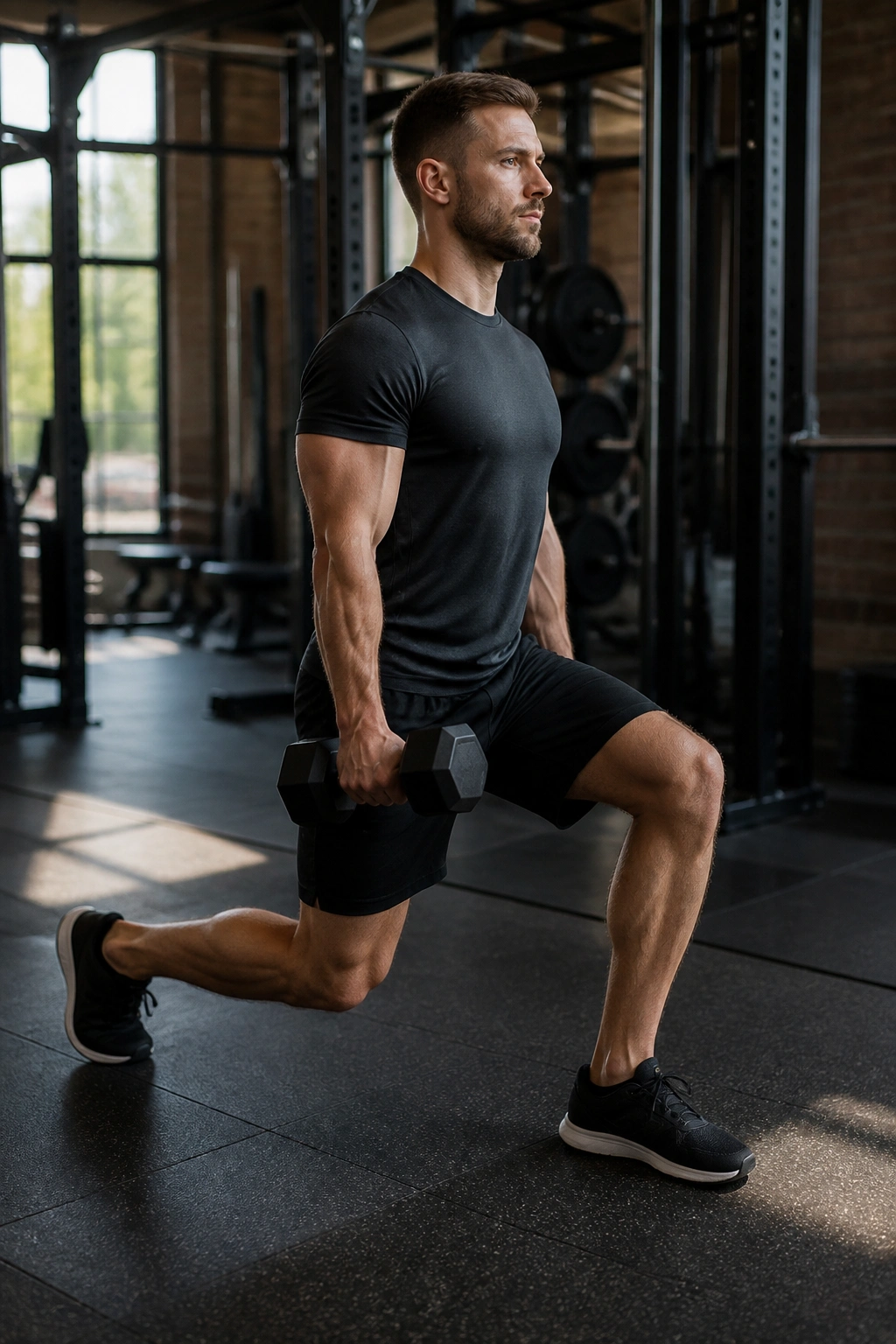 Person performing static split squat with dumbbells at sides in gym