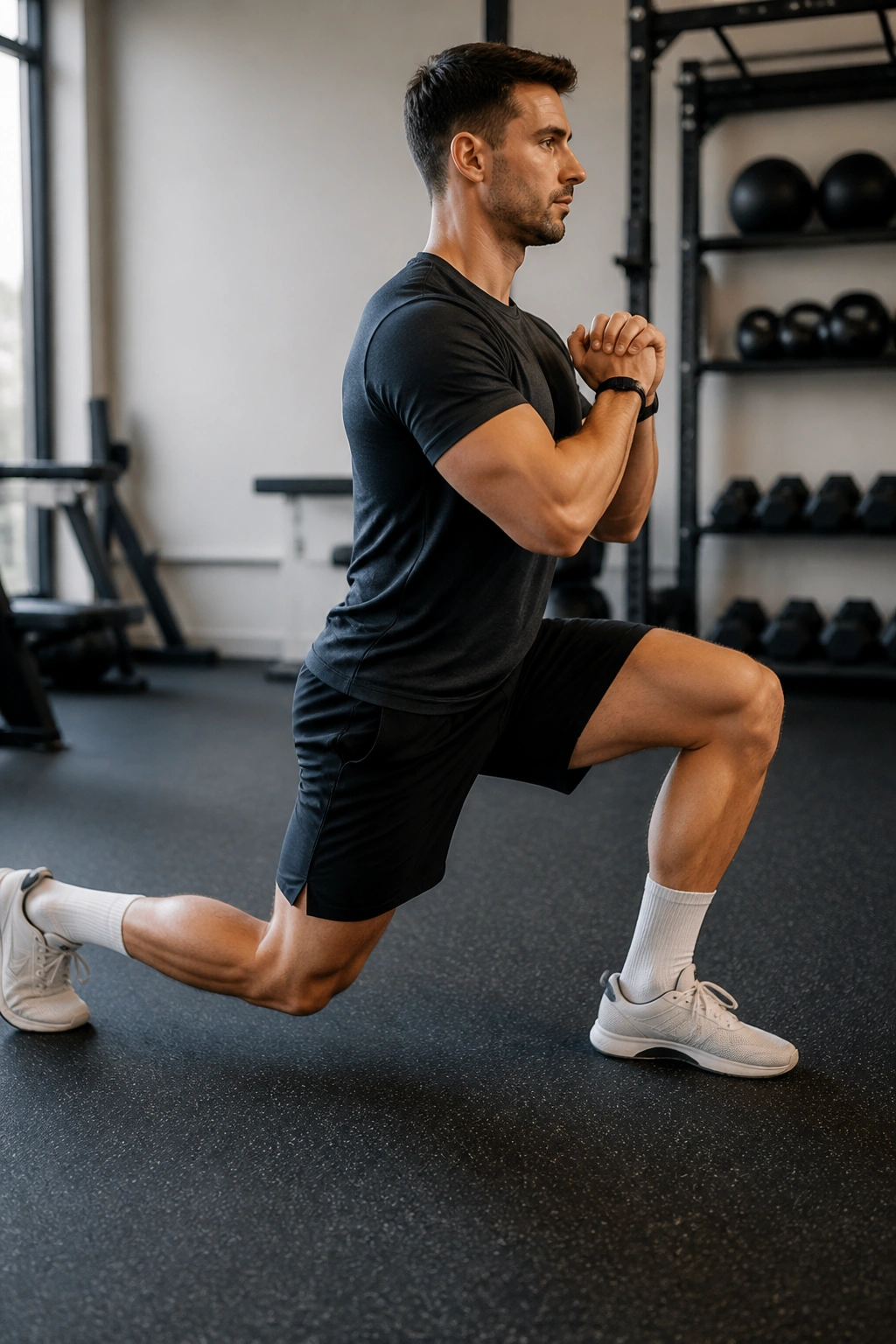 Person performing split squat with front knee over toes, torso upright