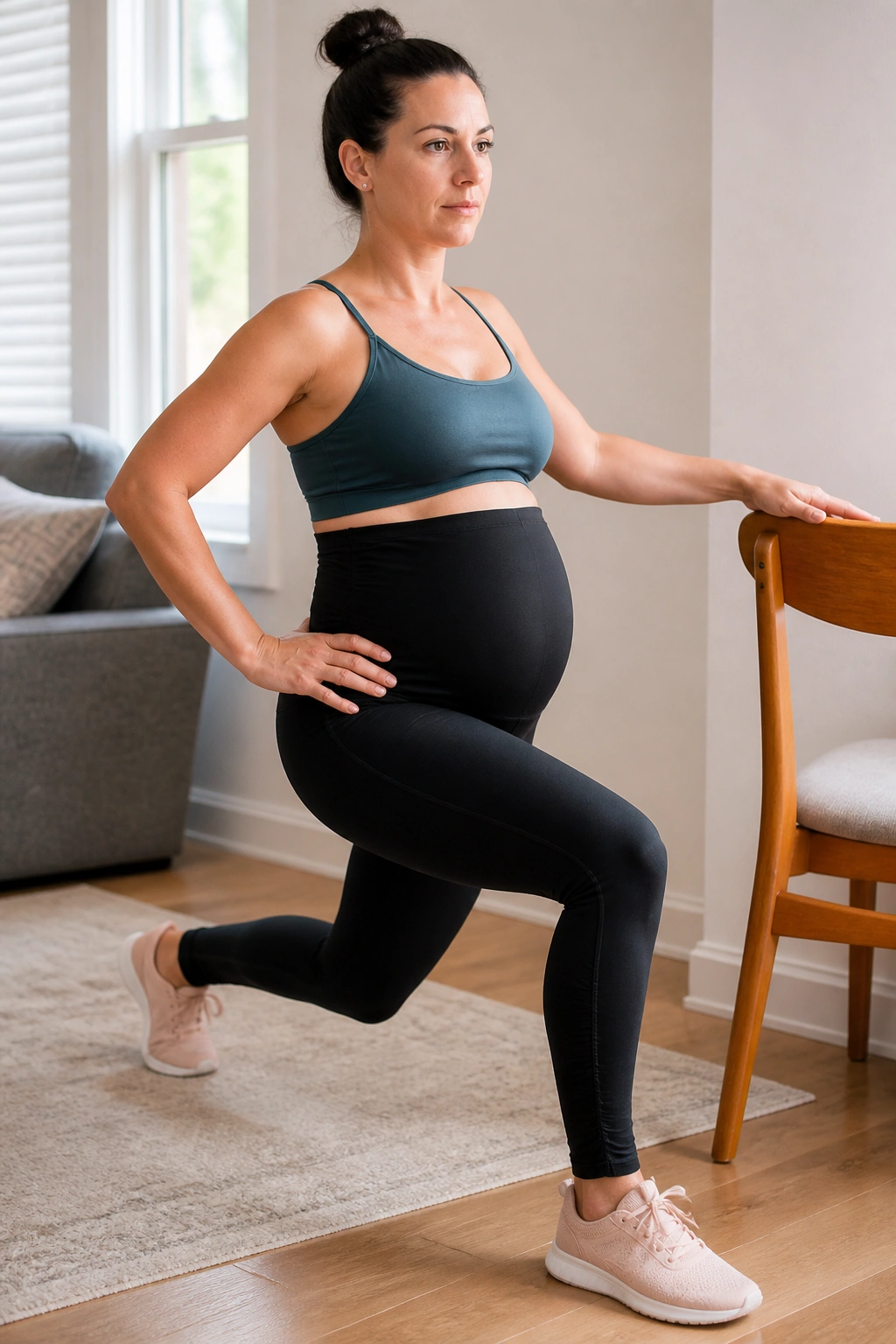 Person performing a supported split squat with chair support in a bright home setting