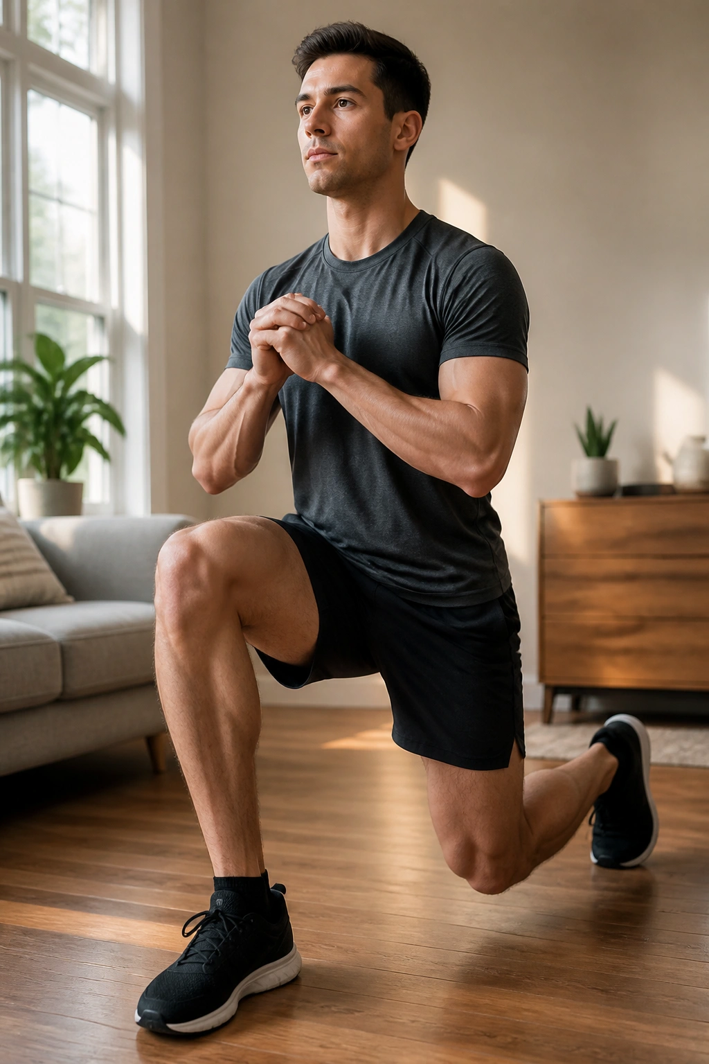 Medium close-up of a person performing split squats at home, front knee aligned and hip square
