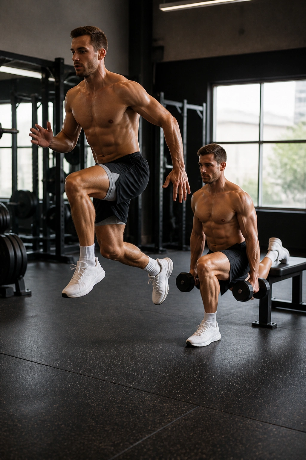 Athlete performing split squat jumps and rear-foot elevated split squats in gym
