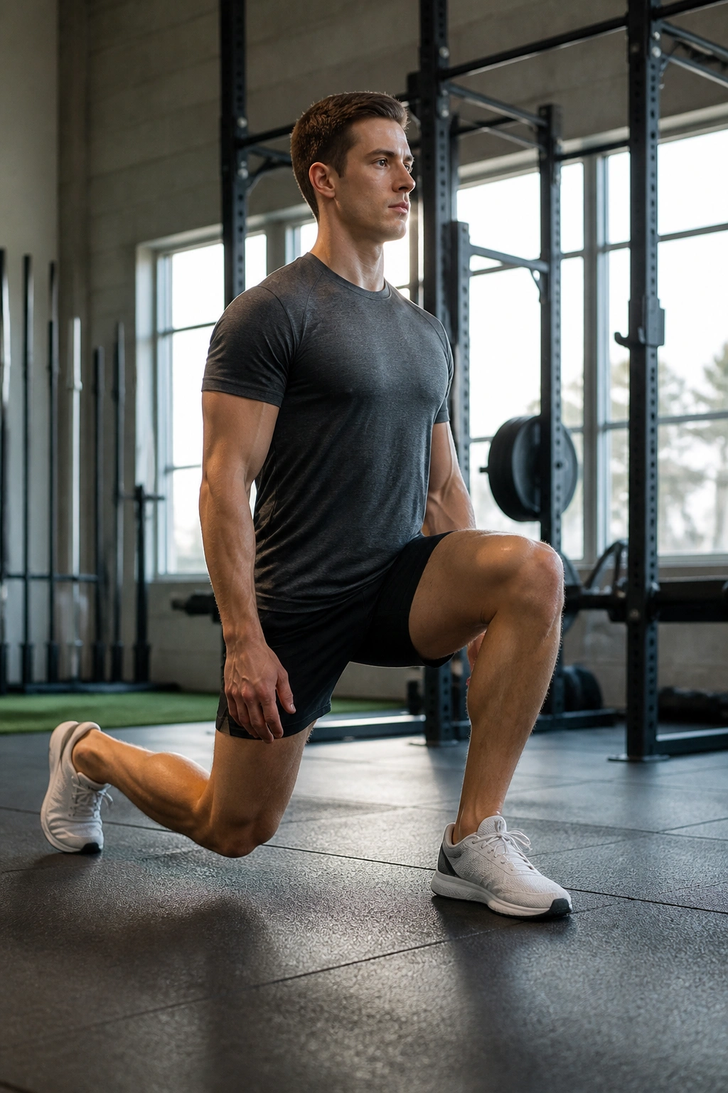 Mid-descent shot of a real athlete performing split squats in a gym setting