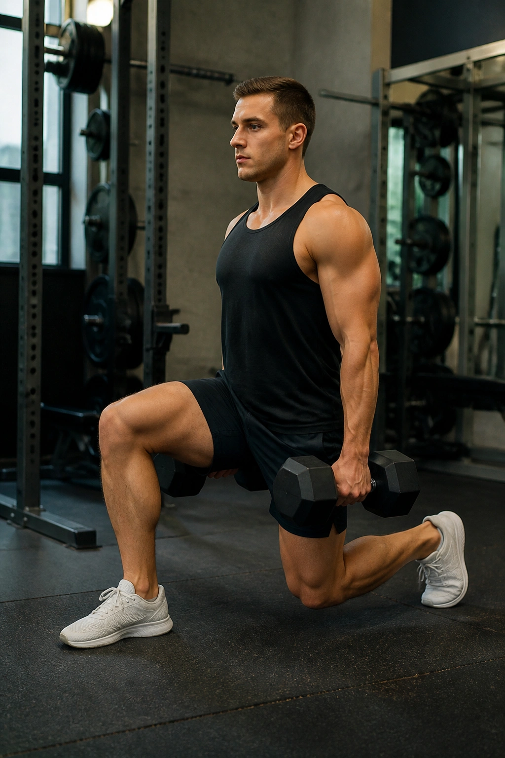 Medium shot of a person in a static split squat with dumbbells