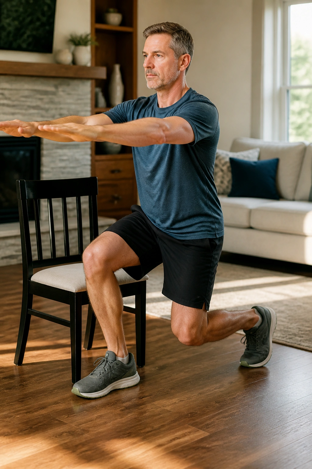 Real person performing split-stance chair squat with knee tracking