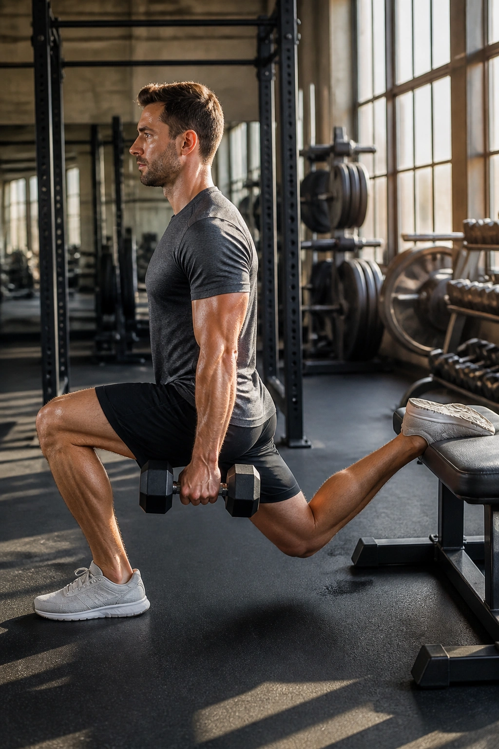 Real person performing a rear-foot-elevated split squat with dumbbells in a gym