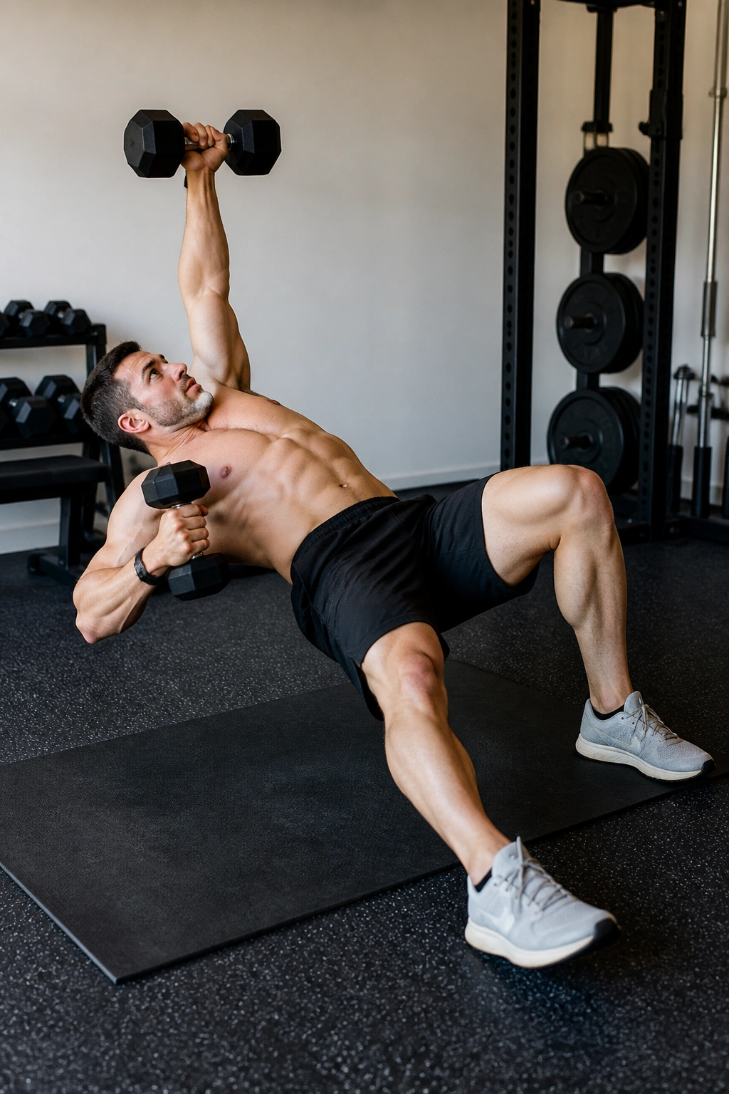 Split-stance floor press and row pose on a gym mat in a home setting