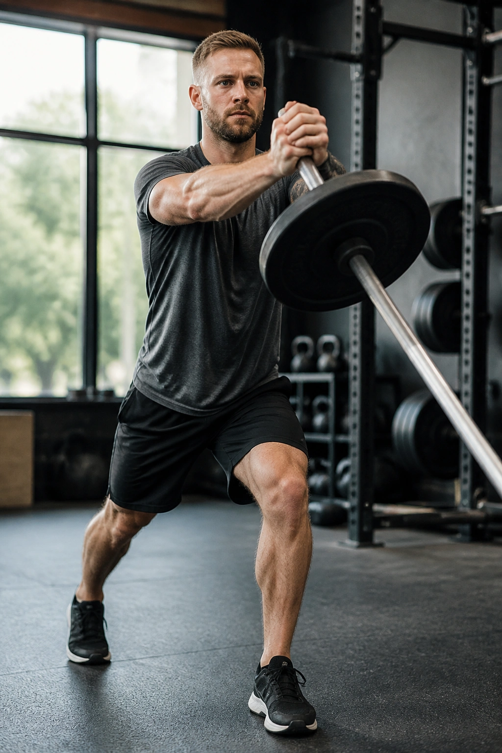 Athlete performing split-stance landmine press in gym