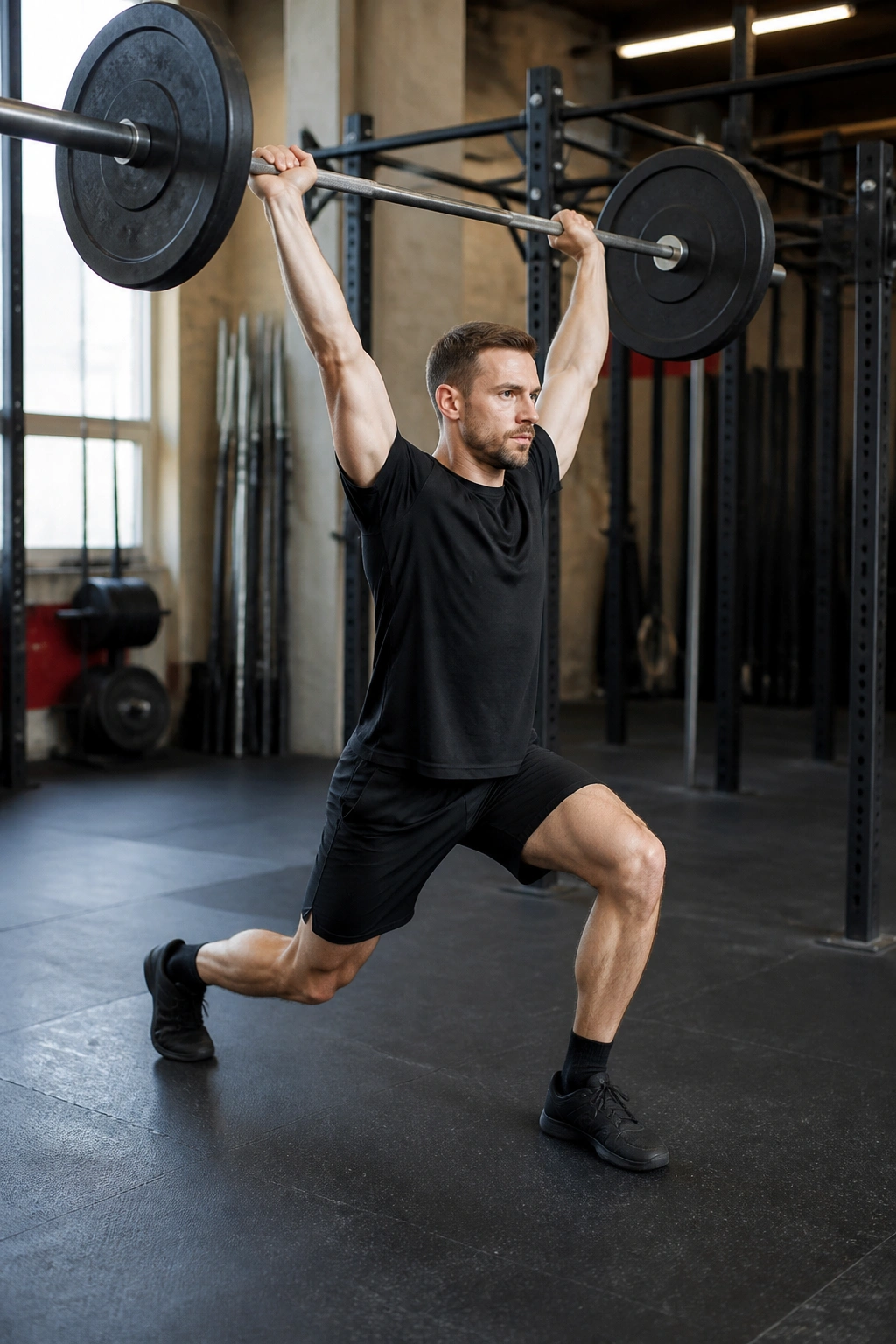 Athlete performing split-stance overhead squat in a gym
