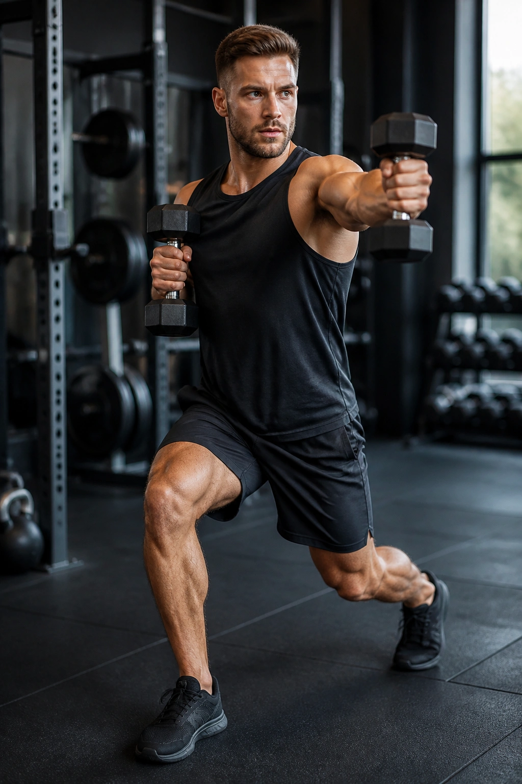 Lifter performing split-stance press with rotation in gym