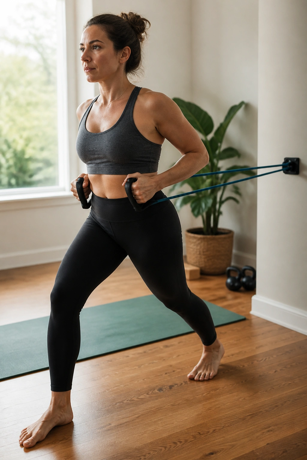 Medium close-up of a woman performing a split-stance row with a resistance band, core engaged.