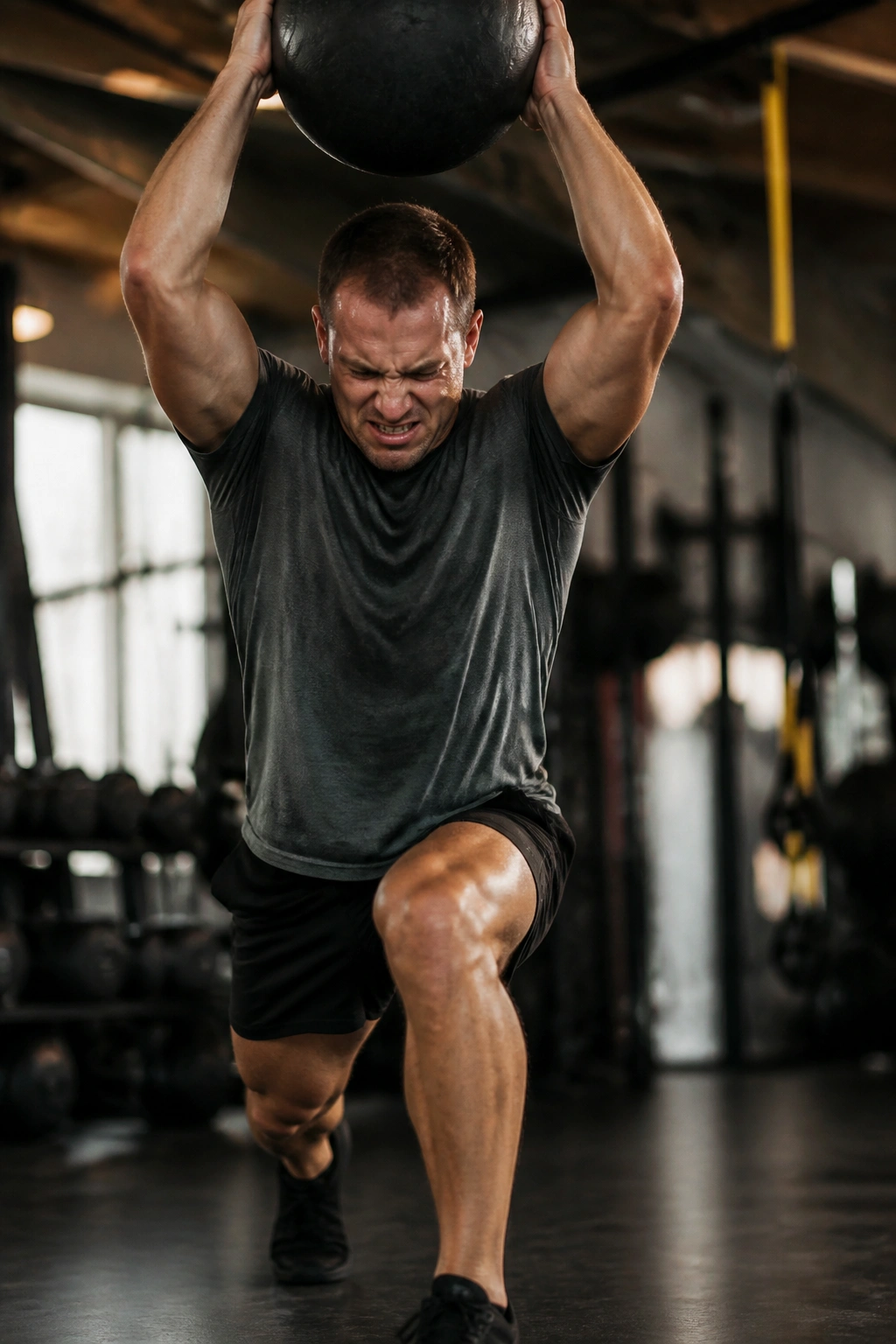 Athlete in split stance overhead slam with slam ball