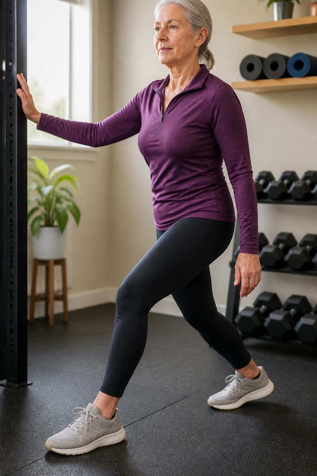Person in split stance performing weight shifts with controlled movement