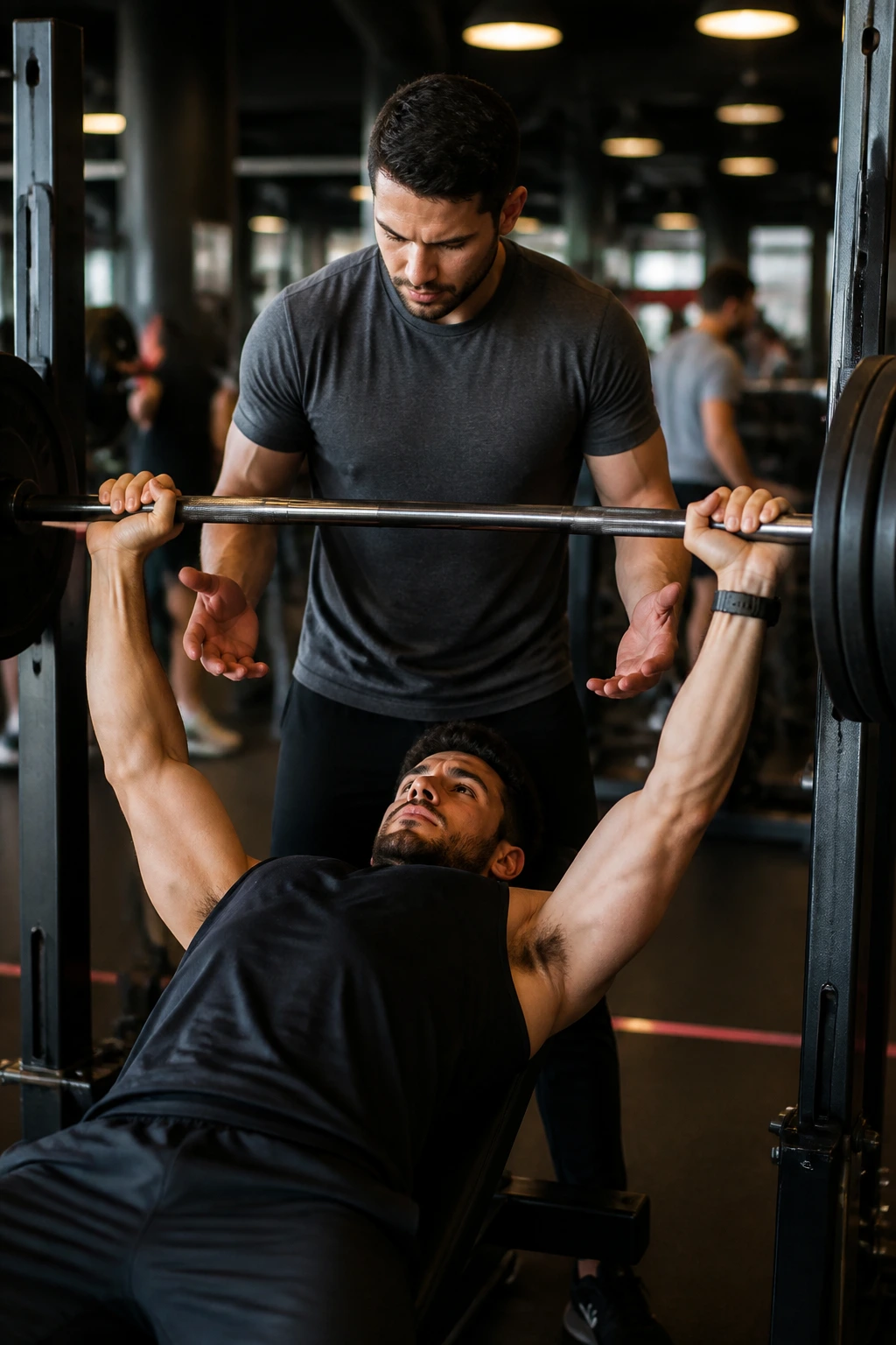 Close-up of lifter on bench with spotter behind in a gym setting.