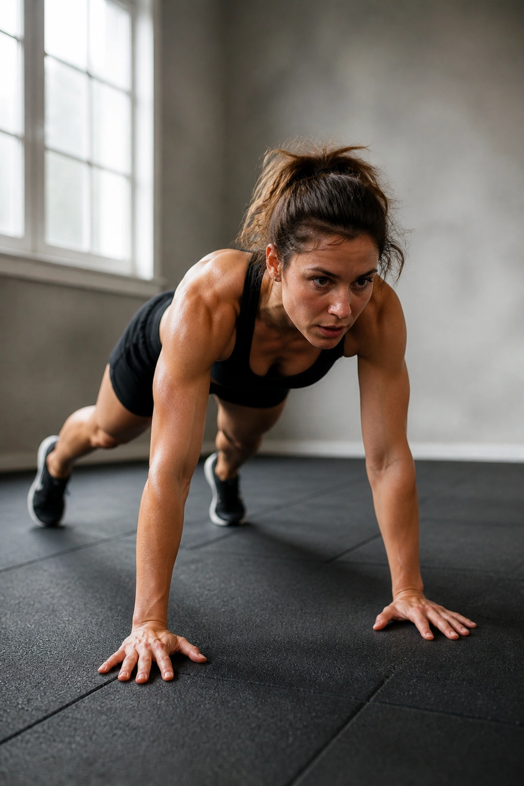 Person performing a sprawl indoors with quick foot movement, hips low, hands on floor.