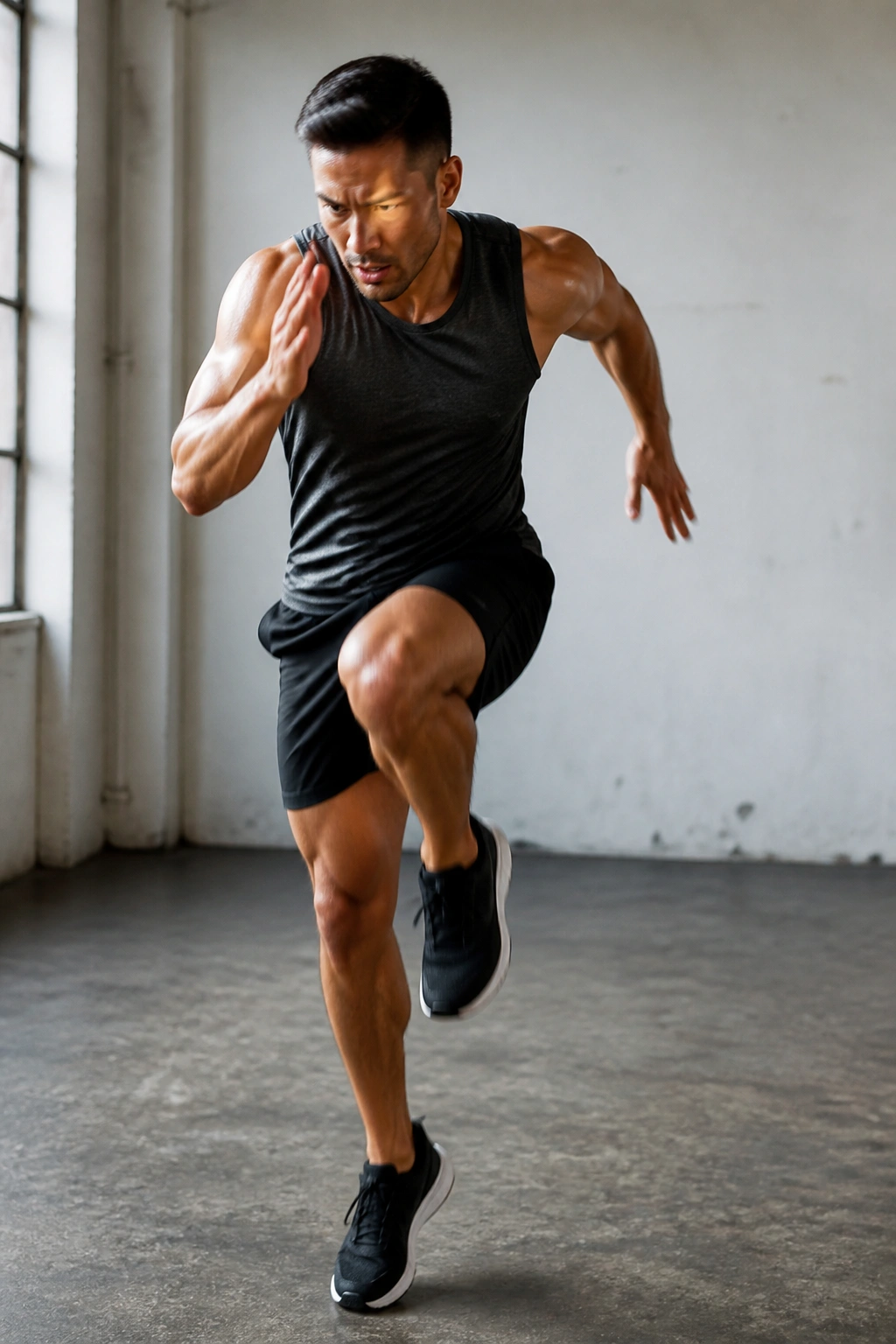 Person sprinting in place on a gym floor