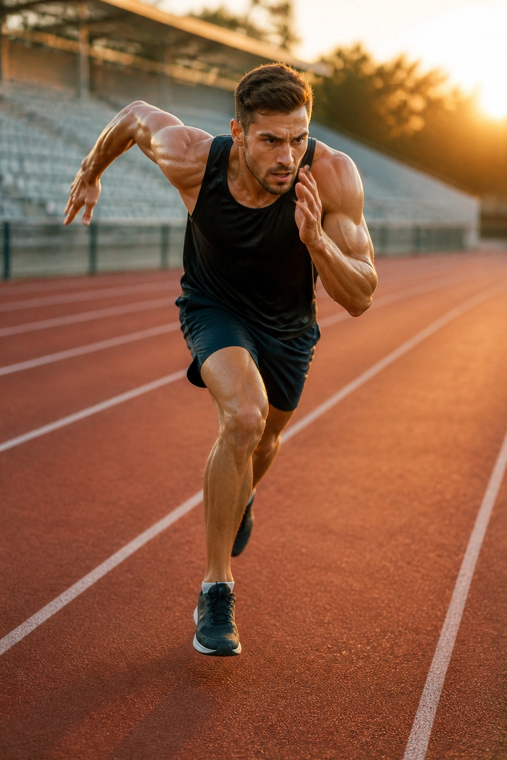 Runner sprinting on track during interval workout.