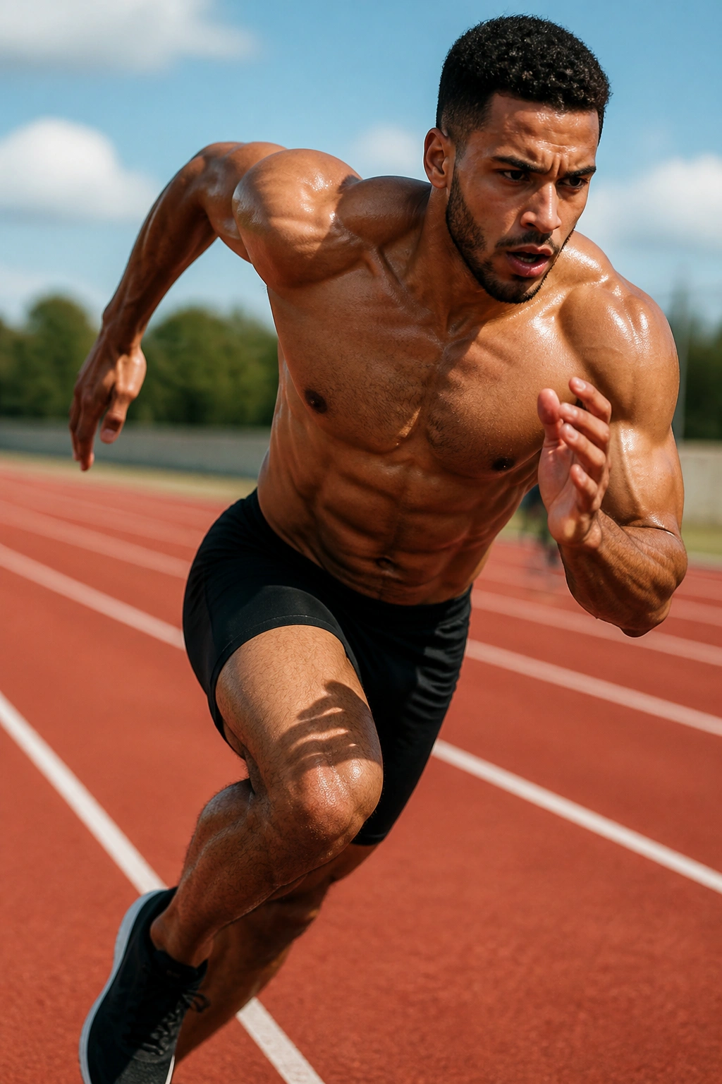 Sprinter in mid-sprint on outdoor track during intervals