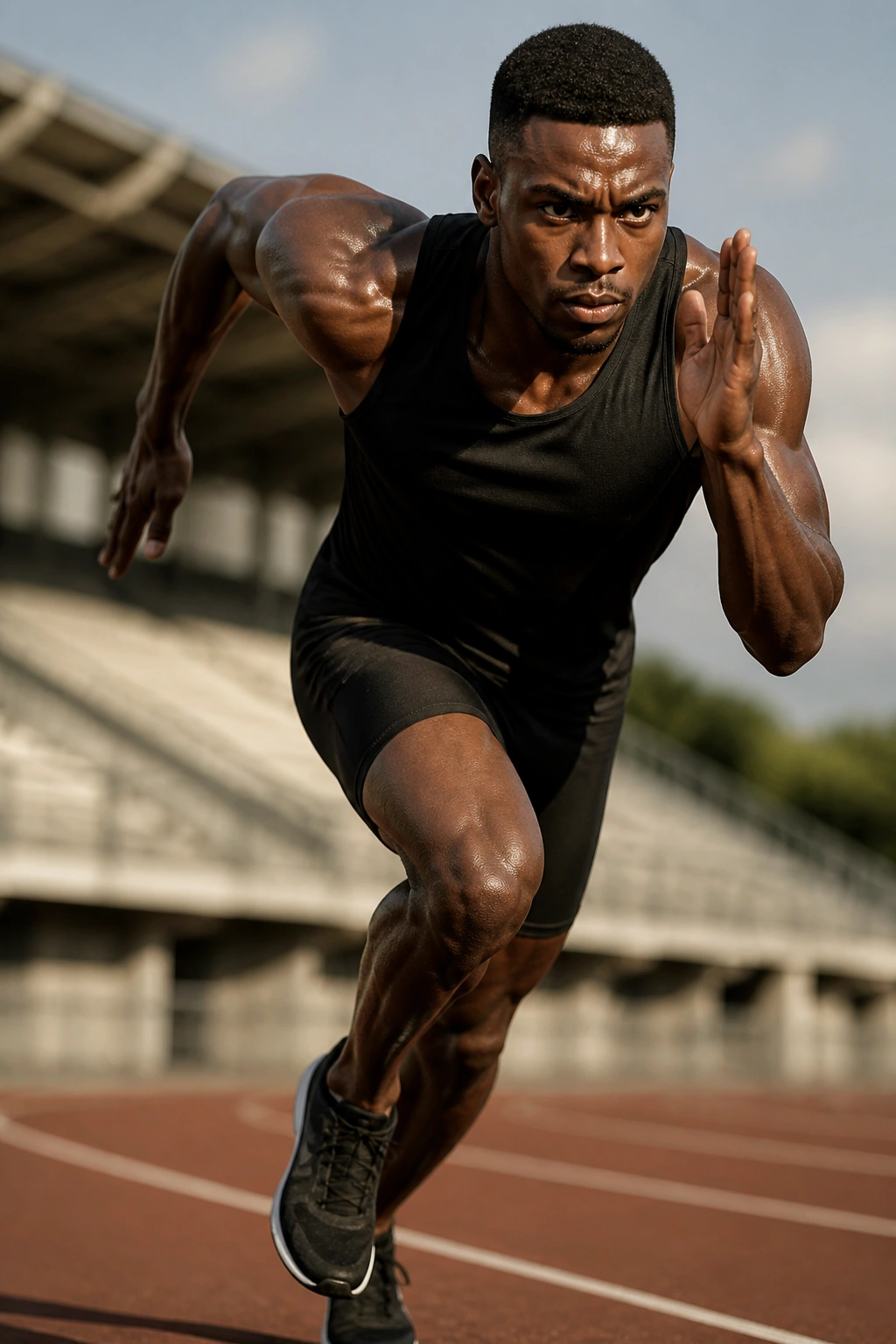 Close-up sprint action on outdoor track with fast leg drive