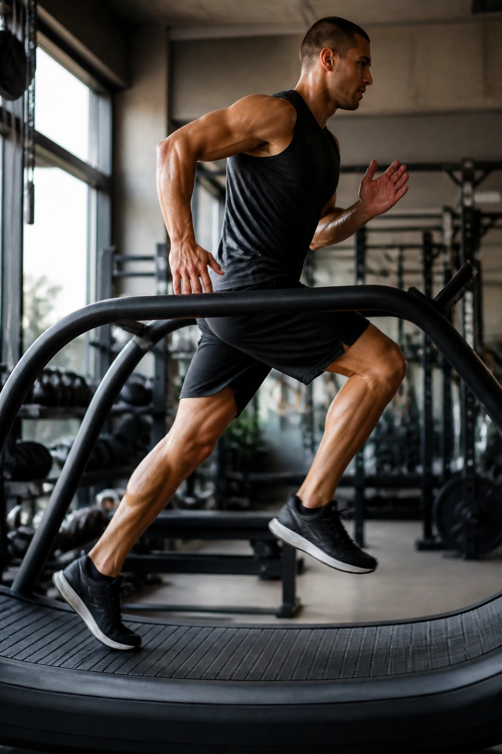Full-body side view of athlete sprinting on a treadmill in a gym