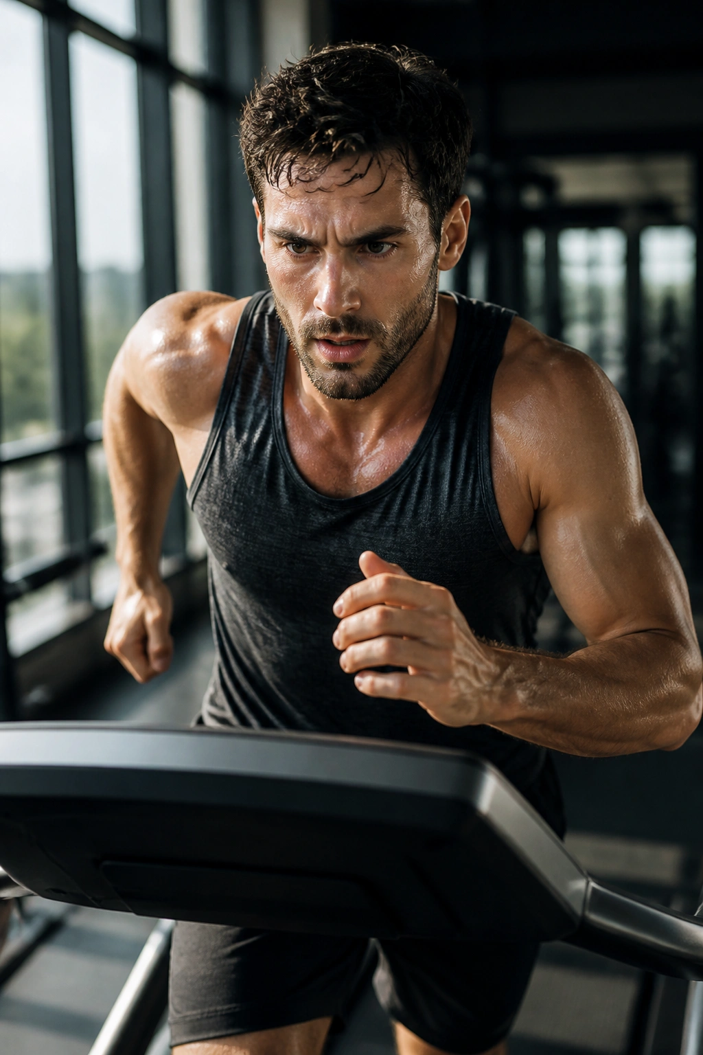 Athlete sprinting on treadmill with rapid 30-second intervals