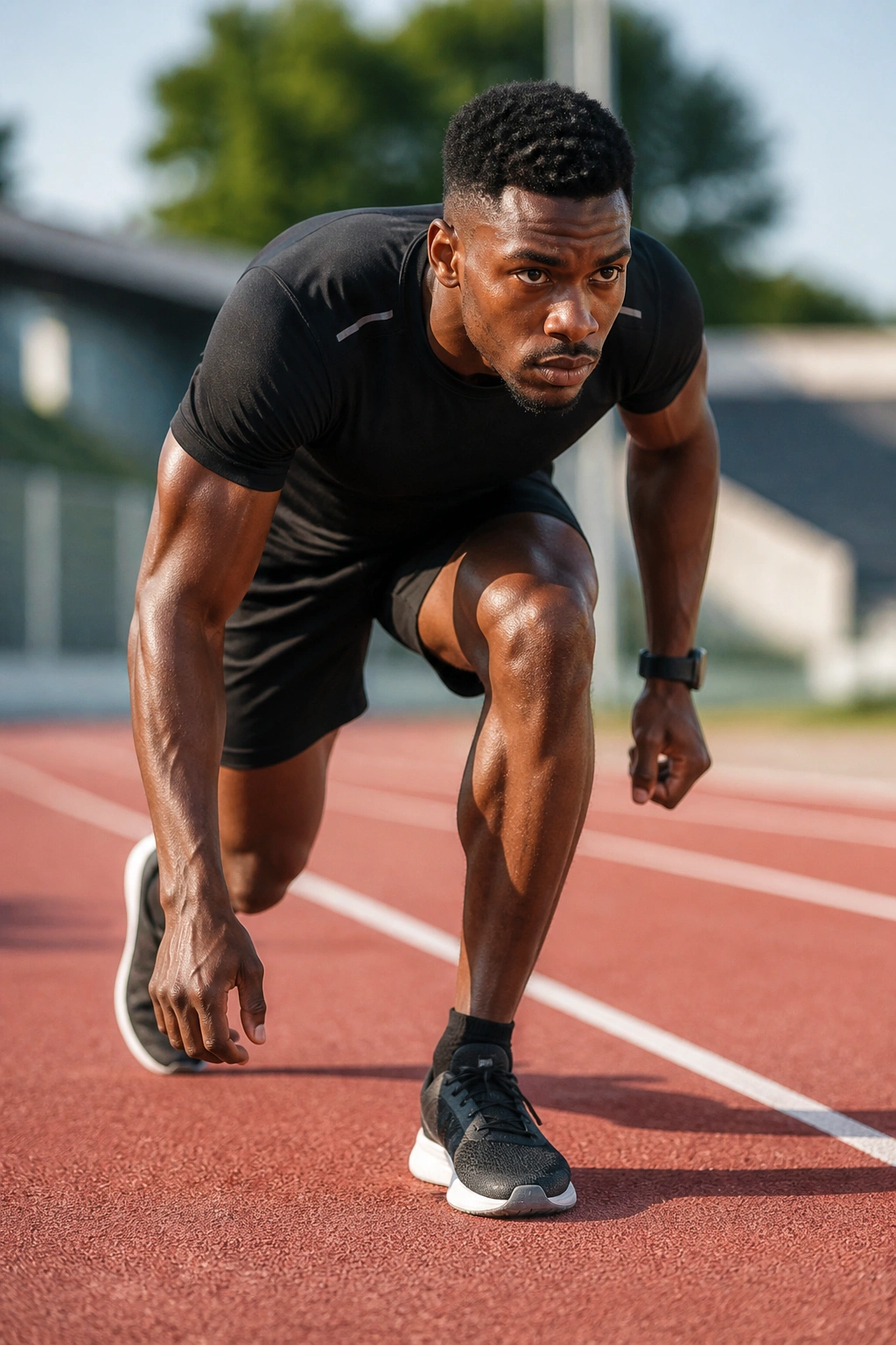 Athlete in split stance ready to sprint on a track