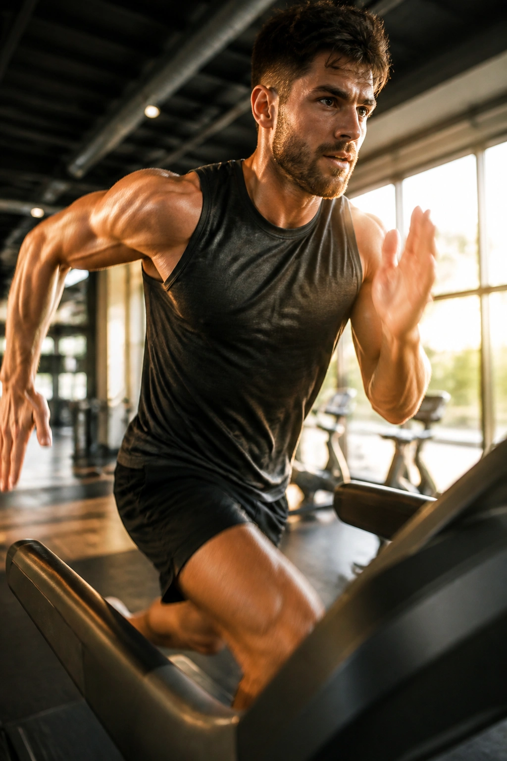 Close-up of a fit runner sprinting on a treadmill in a gym