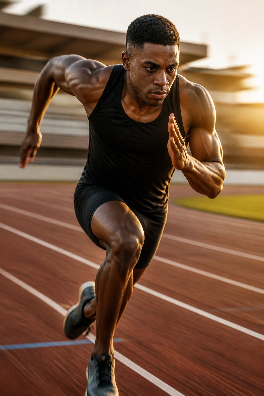 Sprinter mid-sprint on outdoor track during golden hour