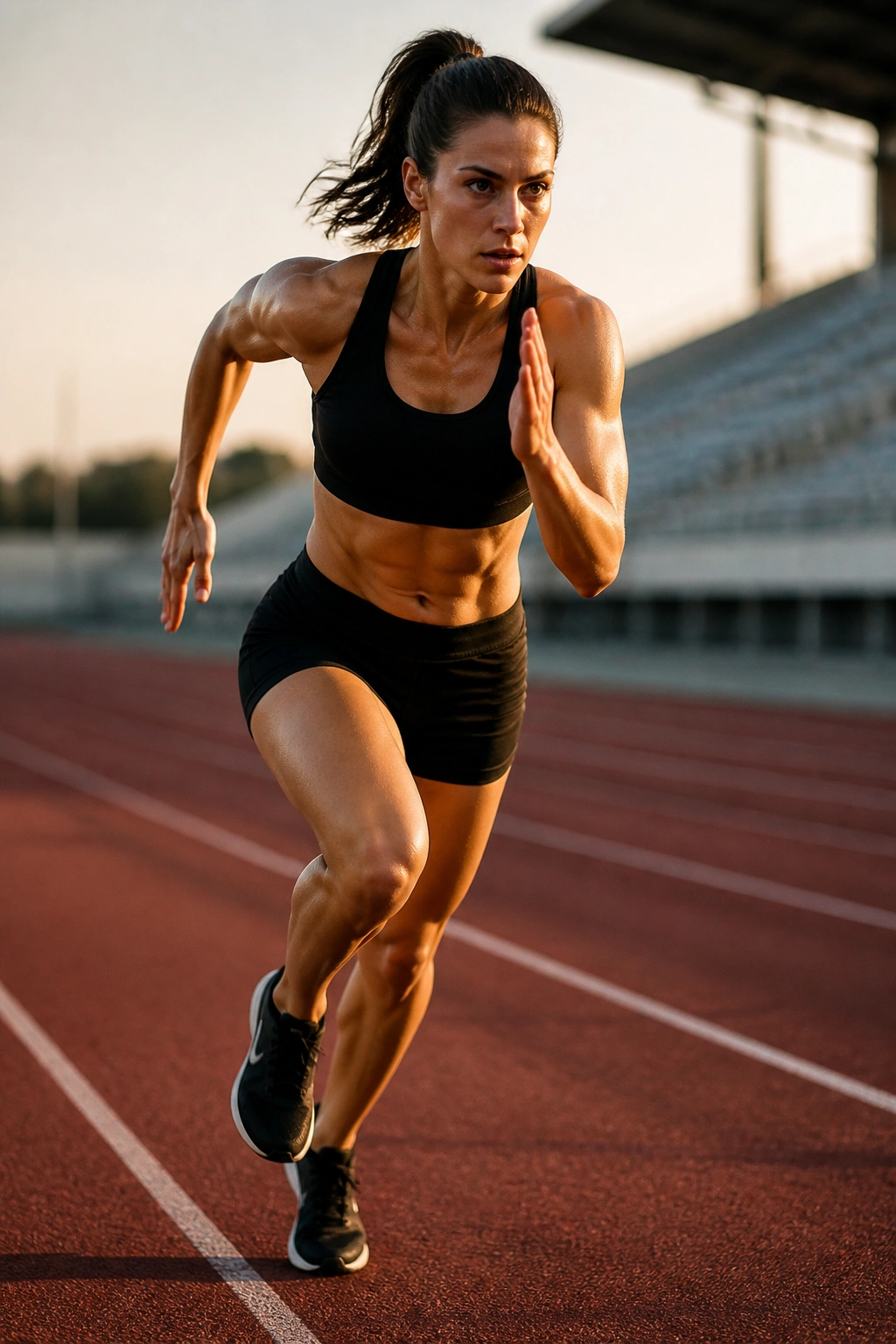 Sprinter in mid-stride on an outdoor track during an intense interval sprint.