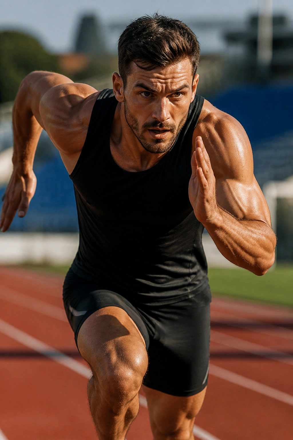Athlete sprinting on track showing explosive core engagement