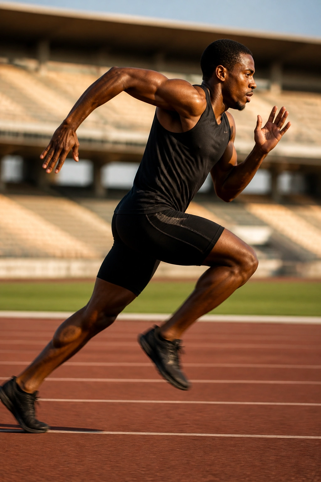 Athlete sprinting on a track during golden hour