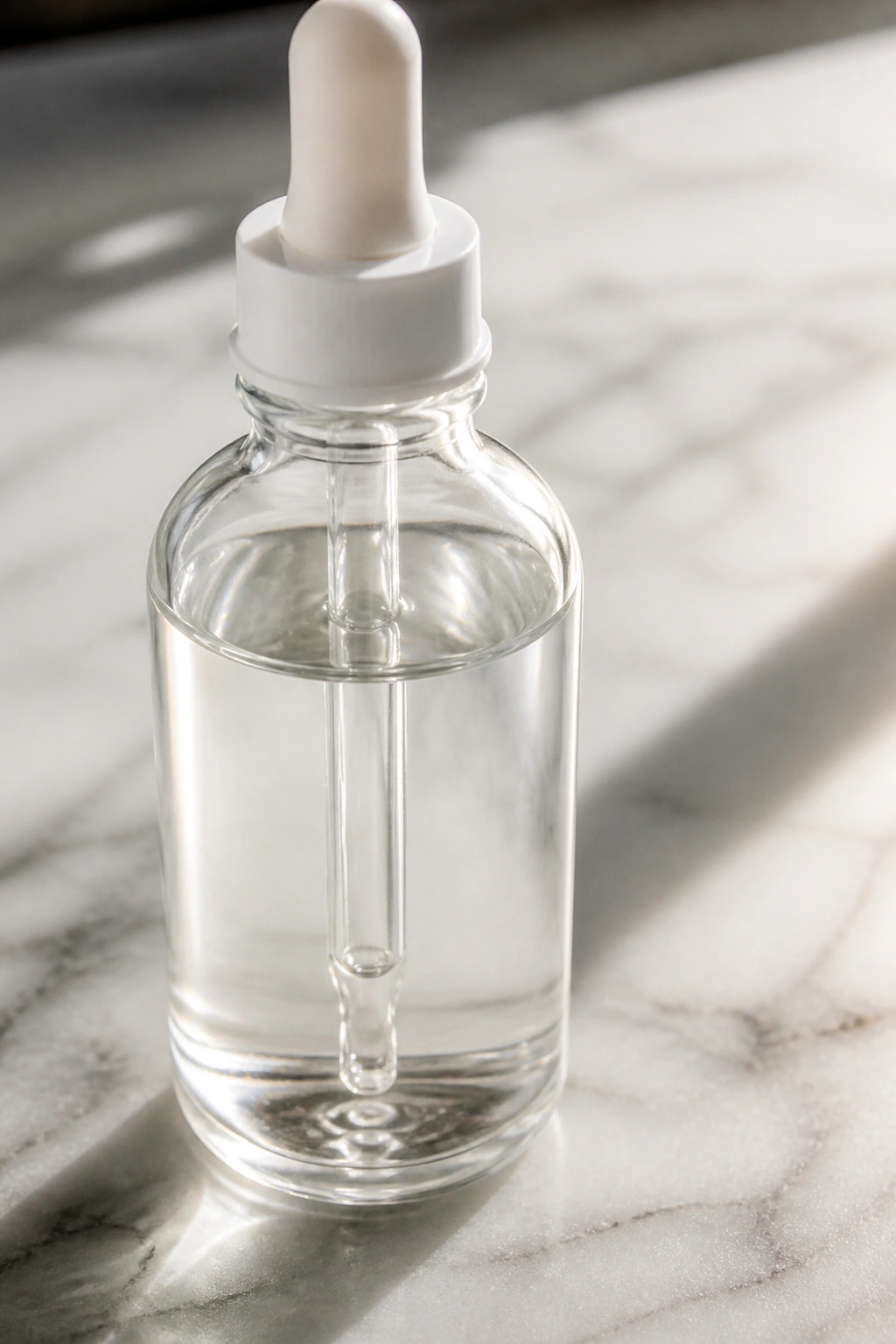 Close-up of unlabeled squalane bottle on countertop