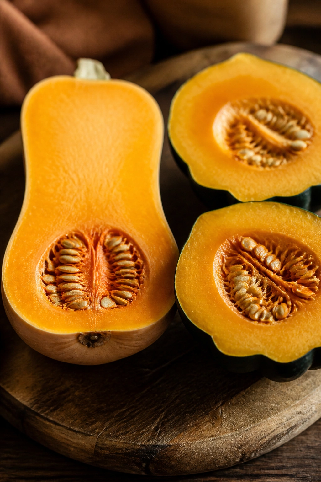 Halved winter squash on a wooden board