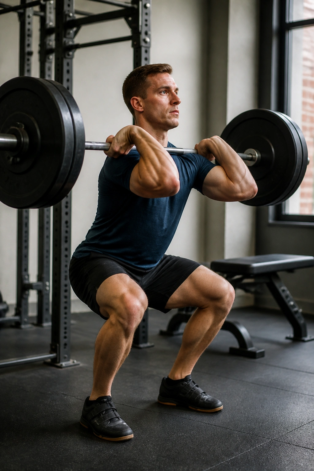 Athlete performing a front squat in a gym with a bench nearby