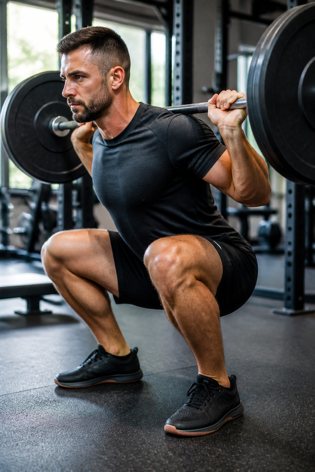 Close-up of a person deep squatting focusing on knee tracking and hip depth in a gym