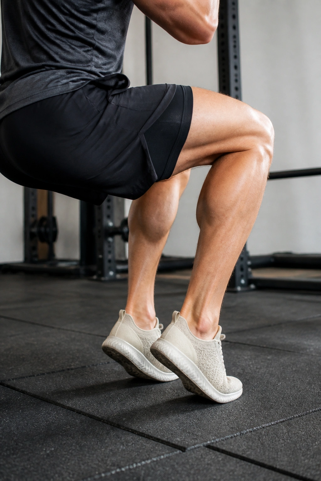 Close-up of a real person performing squat to calf raise transitioning in a gym