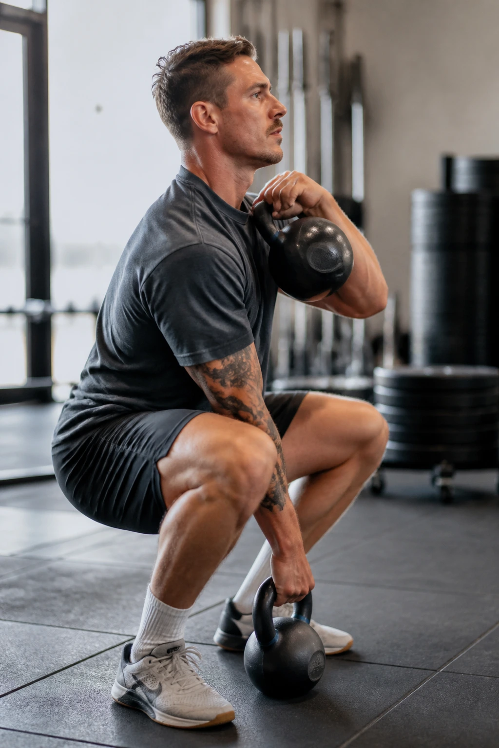 Lifter performing squat clean to press in gym